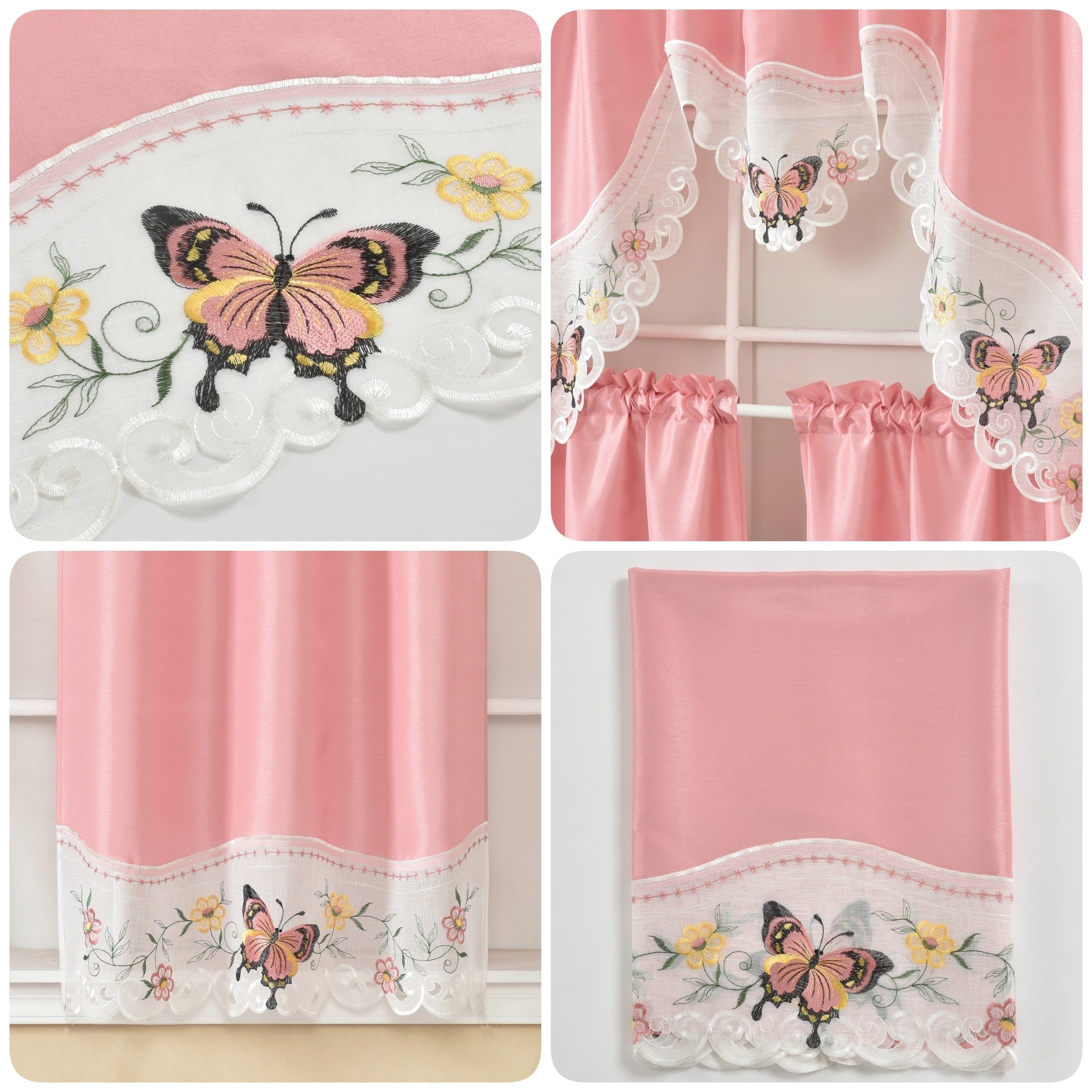 1 SET 3pcs/set Polyester plain fabric with beige floral lace, machine- pink blue gray burgundy butterfly pattern curtains, suitable for home decoration, bathroom, living room, bedroom, kitchen, outdoor decor, villa, wedding,